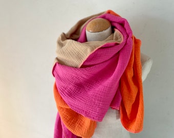 Musselintuch XXL Wickelschal Dreieck Loopschal Pink Fuchsia Neon Orange Rost Rosa Gelb Baumwolle Schal Stola Sommertuch Dreieckstuch