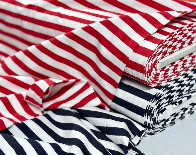 SALE 1 Meter Jersey French Terry Summer Sweat Cotton Stripes Maritime Marine Red Summer Sea Sailor Elastane