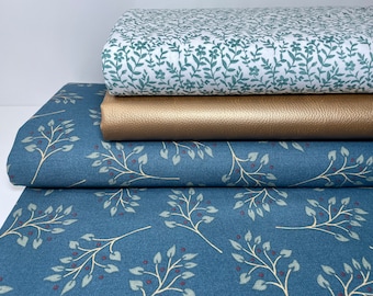 Borsa decorativa in tela di tela tessuto cotone venduta al metro foglie in ecopelle blu petrolio turchese rame