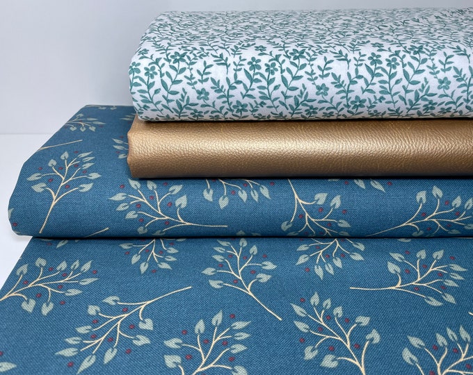Decorative Fabric Canvas Bag Fabric Cotton Sold by the Meter Blue Petrol Turquoise Copper Faux Leather Leaves