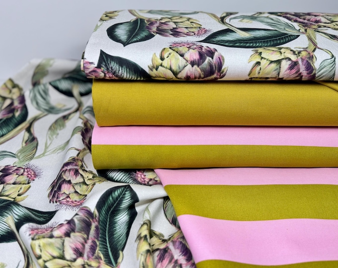 Decorative fabric, canvas, bag fabric, cotton, sold by the meter, lilac, artichoke, curry, stripes, pink, flowers, leaves, purple, green, pink, cushion, tablecloth