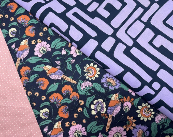 Coated cotton oilcloth tablecloth, pink, black, green, birds, dots, dashes, stripes