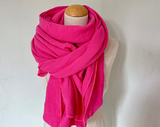 Muslin Square XXL Wrap Scarf Loop Scarf Cotton Fuchsia Pink Neon Beach Towel Stole Summer Scarf Triangular Scarf