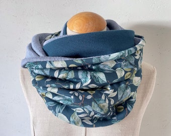 Loop tube scarf loop scarf jersey reversible scarf blue petrol light blue leaves eucalyptus cotton scarf