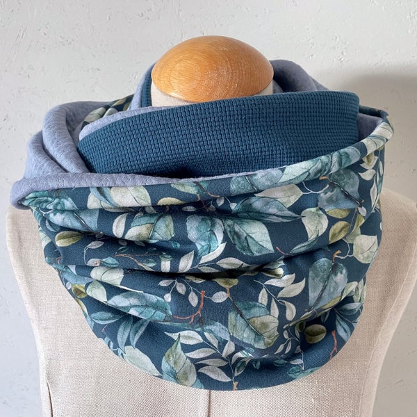 Loop tube scarf loop scarf jersey reversible scarf blue petrol light blue leaves eucalyptus cotton scarf