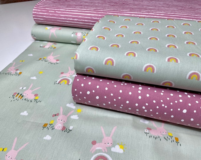Cotton Fabric Rainbow Rabbits Sold by the Meter Patchwork