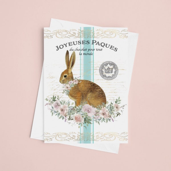 easter printable, digital easter card, easter bunny, grain sac, vintage, floral, bunny rabbit, easter