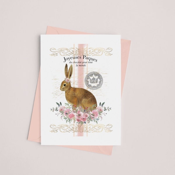 Digital Vintage grain sack inspired easter card, pink and gold bunny easter card, vintage images, French inspired easter card