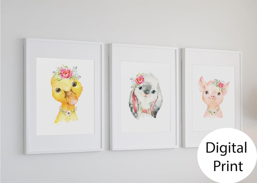 Digital Nursery Farm Animal Artwork, Set of Three Floral Nursery Prints ...