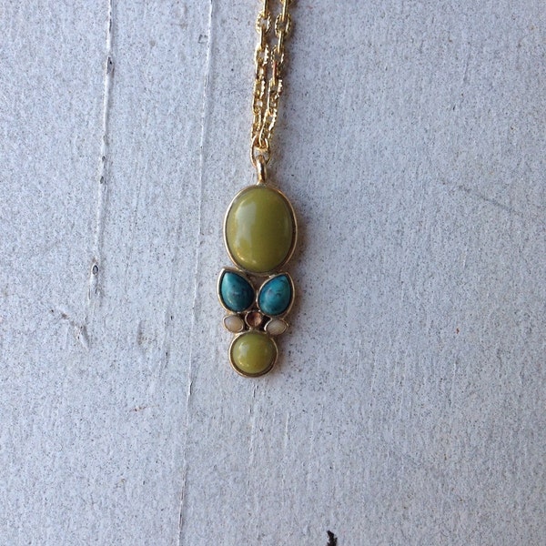 Gold chain necklace, blue and green pendant , stone pendant necklace, stone, clasp, adjustable length necklace