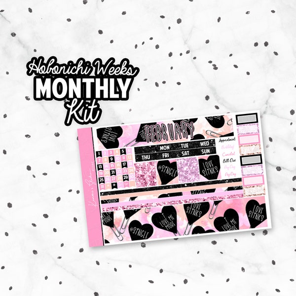 February "Love Stinks" Hobonichi WEEKS Monthly Overview Kit, Planner Sticker kit for Hobo Weeks Planners Monthly Stickers [1114-C]