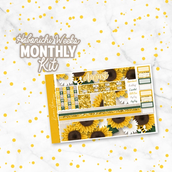 August "Sunflowers" Hobonichi WEEKS Glitter Monthly Overview Kit, Summer Burlap Floral Flowers, Planner Sticker kit for Hobo Weeks [1703-C]