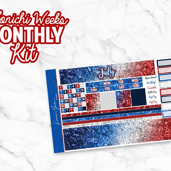 July Patriotic Glitter Bomb Hobonichi WEEKS Glitter Monthly Overview Kit, 4th of July Sparkle, Planner Sticker kit for Hobo Weeks [1608-C]