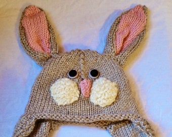 Hand Knit Bunny Hat | Flannel Lined, Kids Animal Beanie