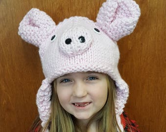 Hand Knit Kids Pig Hat | Lined Animal Beanie