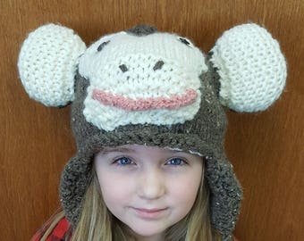 Hand Knit Monkey Hat - Made in Lancaster, PA - Fully Lined with Ear Flaps & Tassels - Kids Animal Hats and Beanies