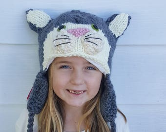 Hand Knit Cat Hat | Fully Lined with Ear Flaps & Tassels | Made to Order by Keep 'em in Stitches