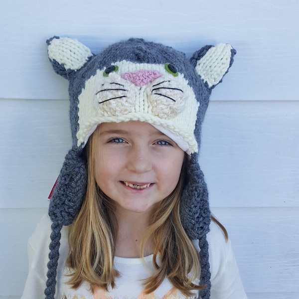 Hand Knit Cat Hat | Fully Lined with Ear Flaps & Tassels | Made to Order by Keep 'em in Stitches