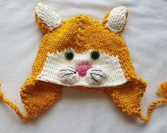 Kids Hand Knit Orange Kitty Cat Hat with Ear Flaps and Tassels