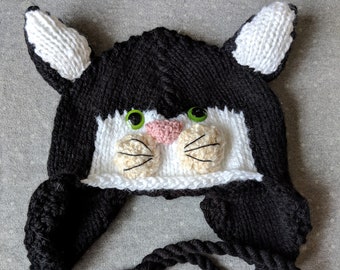 Hand Knit Black Cat Hat - Fully Lined with Ear Flaps & Tassels - Kids Animal Hats and Costume Hats