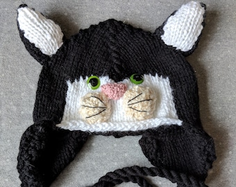 Hand Knit Black Cat Hat – Flannel Lined Kids Costume