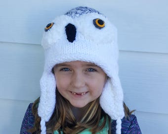 Hand Knit Snowy Owl Winter Hat | Flannel Lined with Ear Flaps