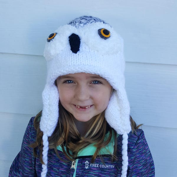 Hand Knit Snowy Owl Winter Hat by Keep'em in Stitches | Fully Lined with Ear Flaps and Tassels | Made to Order by Keep ' em in Stitches