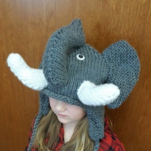 Hand Knit Elephant Hat with Tassels and Ear Flaps - Toddler Child and Adult Sizes - Winter Animal Hats
