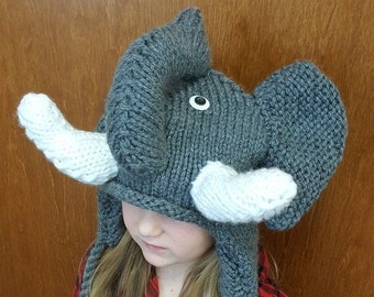 Hand Knit Elephant Hat with Tassels and Ear Flaps - Toddler Child and Adult Sizes - Winter Animal Hats