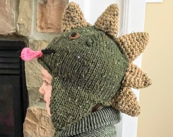 Hand Knit Dinosaur Hat | Fully Lined and Super Warm | Stegosaurus Hat for Children Dress Up | Made to Order by Keep'em in Stitches