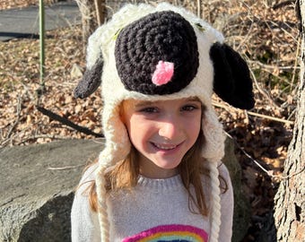Hand Knit Kids Sheep Hat | Flannel Lined, Warm Winter Costume