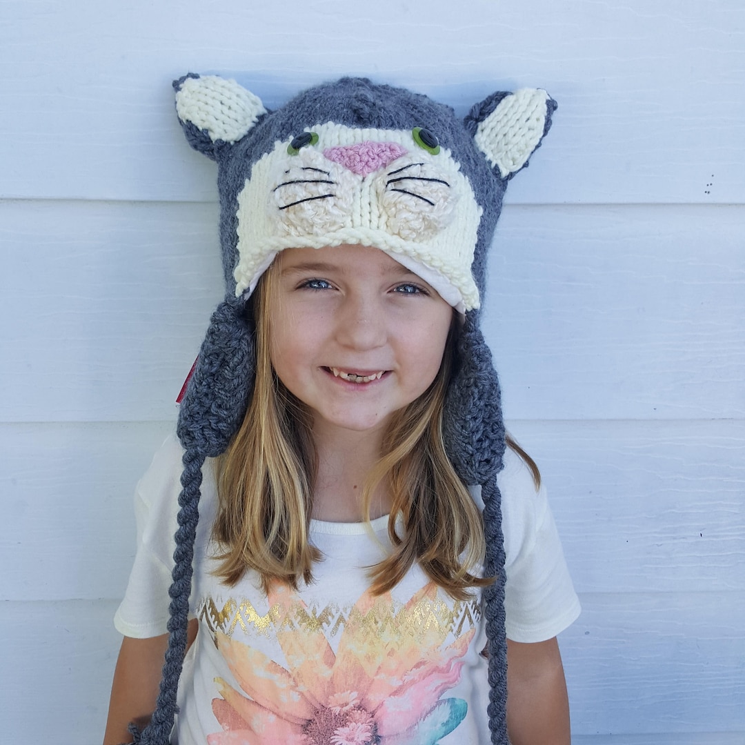 Hand Knit Cat Hat Fully Lined With Ear Flaps & Tassels Made to Order by