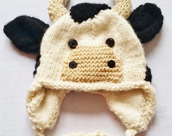 Hand Knit Holstein Cow Hat | Flannel Lined Kids Winter Hat