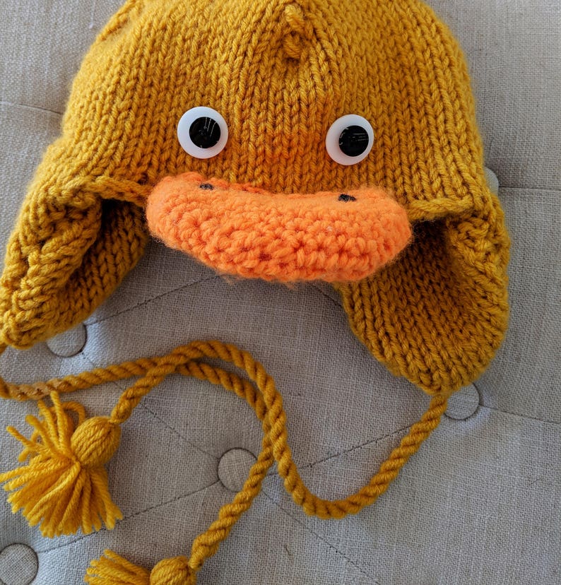 Easter Rubber Duck Hat with Ear Flaps and Tassles Hand Knit Yellow Duck Hat for Kids Animal Hats and Accessories