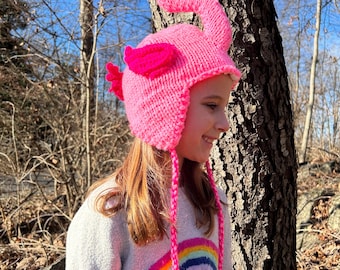 Gorro infantil de punto a mano con diseño de flamenco / Forrado con franela, gorro de invierno abrigado