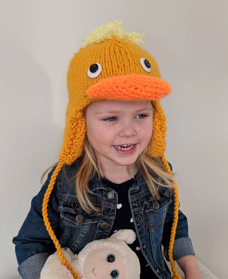 Easter Rubber Duck Hat with Ear Flaps and Tassles Hand Knit Yellow Duck Hat for Kids Animal Hats and Accessories