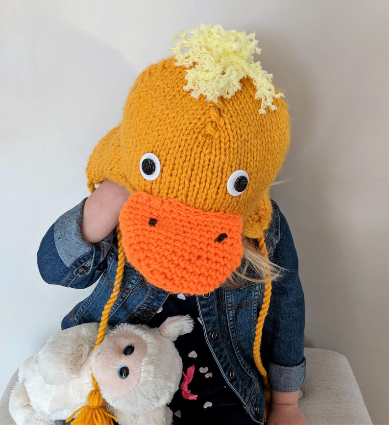 Easter Rubber Duck Hat with Ear Flaps and Tassles Hand Knit Yellow Duck Hat for Kids Animal Hats and Accessories