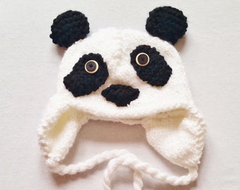 Hand Knit Panda Hat | Flannel Lined Winter Hat with Ear Flaps