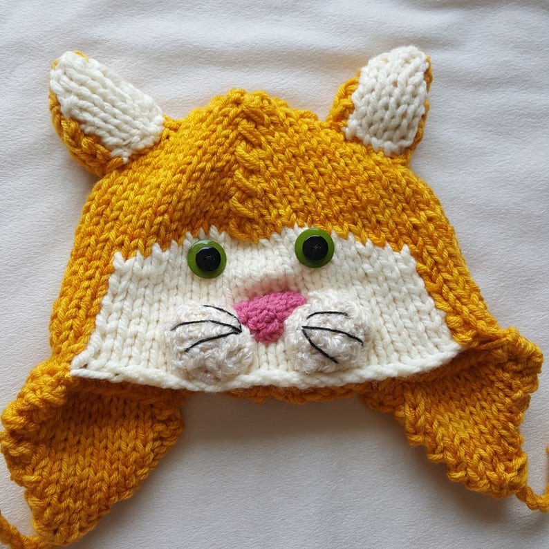 Kids Hand Knit Orange Kitty Cat Hat with Ear Flaps and Tassels image 3
