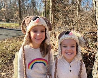 Hand Knit Puppy Hat | Fluffy Dog Beanie with Ear Flaps