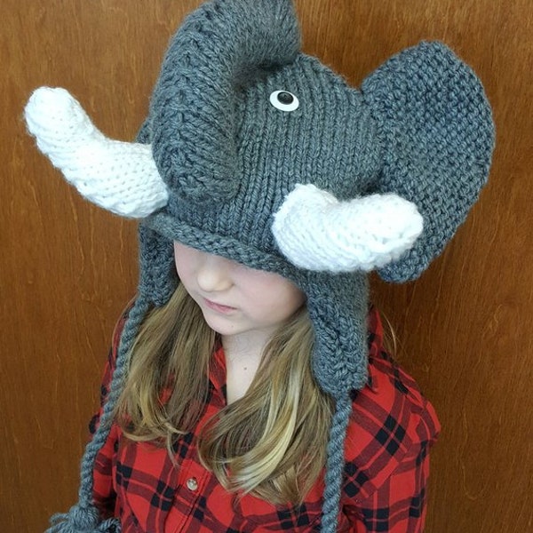 Hand Knit Elephant Hat with Tassels and Ear Flaps - Toddler Child and Adult Sizes - Winter Animal Hats