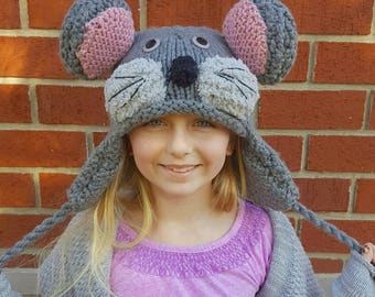 Hand Knit Kids Mouse Hat | Flannel Lined, Warm Winter Hat