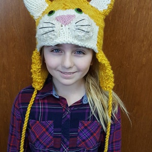 Kids Hand Knit Orange Kitty Cat Hat with Ear Flaps and Tassels image 2