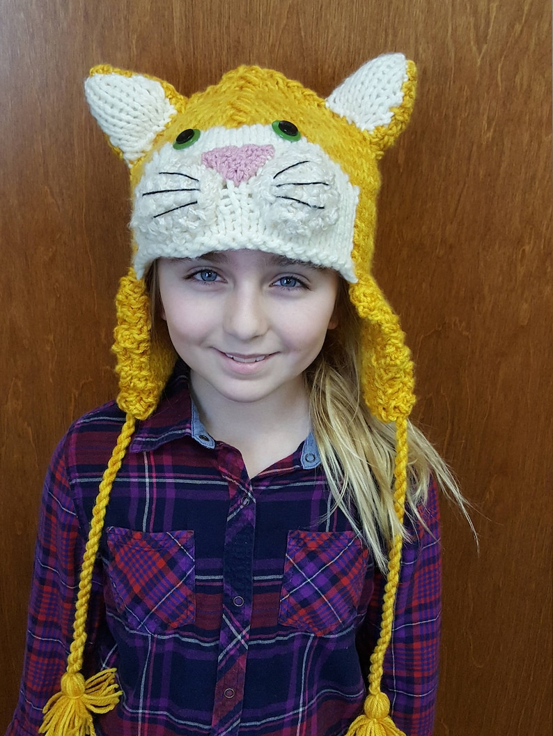 Kids Hand Knit Orange Kitty Cat Hat with Ear Flaps and Tassels image 2