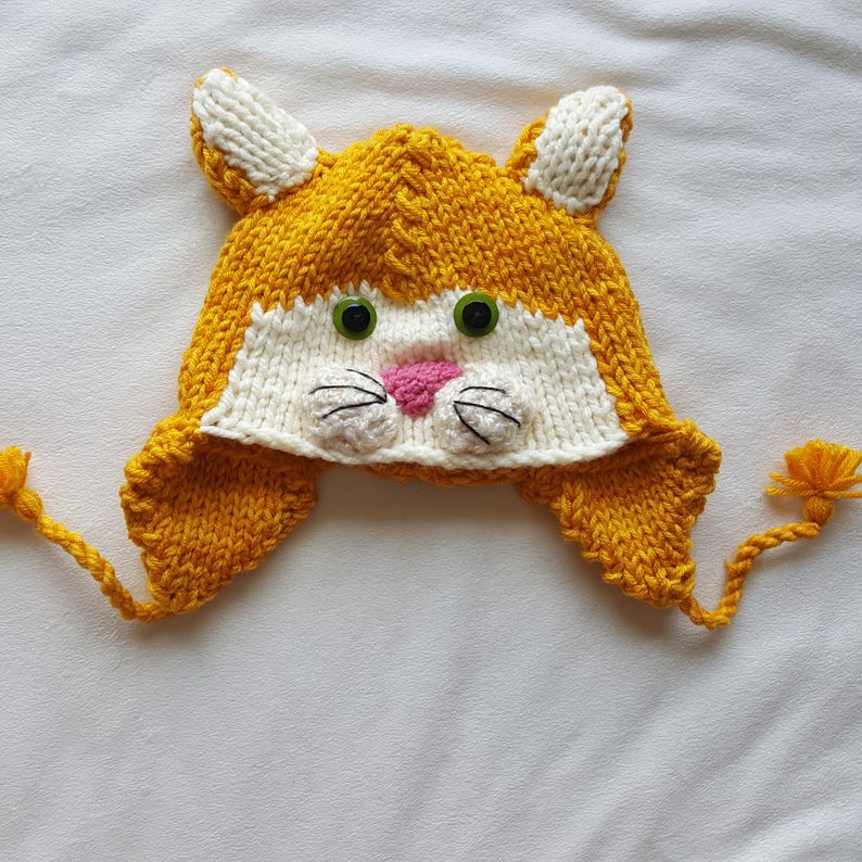 Kids Hand Knit Orange Kitty Cat Hat with Ear Flaps and Tassels image 1