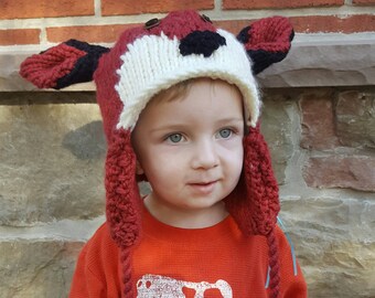 Hand Knit Red Fox Kids Winter Hat | Flannel Lined, Ear Flaps