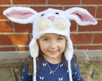 Hand Knit White Bunny Hat | Flannel Lined, Kids' Warm Winter Hat