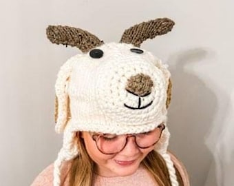 Hand Knit Goat Hat | Flannel Lined Animal Beanie