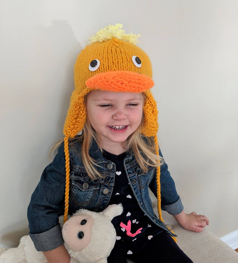 Easter Rubber Duck Hat with Ear Flaps and Tassles Hand Knit Yellow Duck Hat for Kids Animal Hats and Accessories
