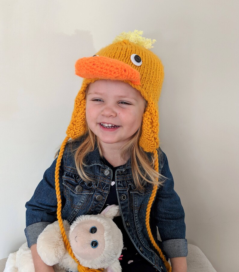 Easter Rubber Duck Hat with Ear Flaps and Tassles Hand Knit Yellow Duck Hat for Kids Animal Hats and Accessories
